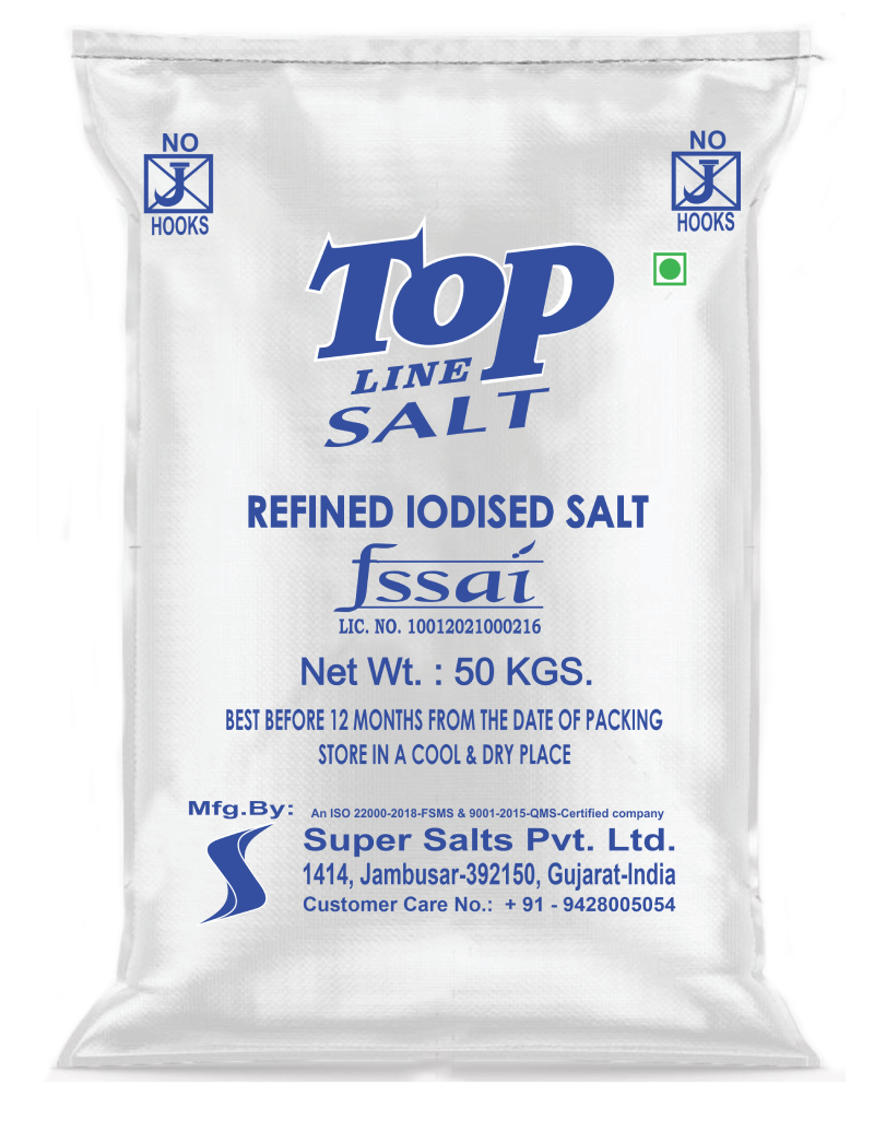 Topline refined iodised salt with FSSAI 3D 50 KG bag by Super Salts